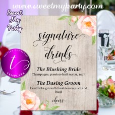Floral Wedding signature drinks sign template, Boho wedding signature drinks template, 038w Floral Wedding signature drinks sign template, Boho wedding signature drinks template, 038w